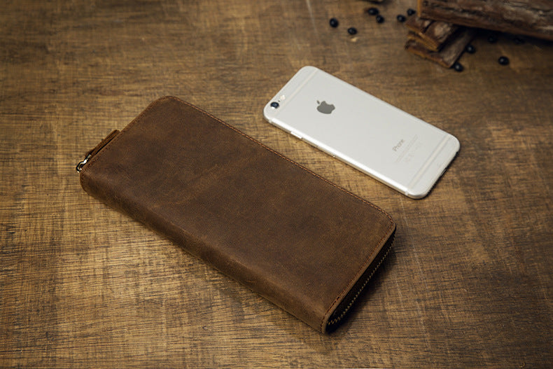 Men's long wallet made of genuine cowhide leather Crazy Horse handmade zipper retro simple casual clutch bag men's wallet mobile phone bag