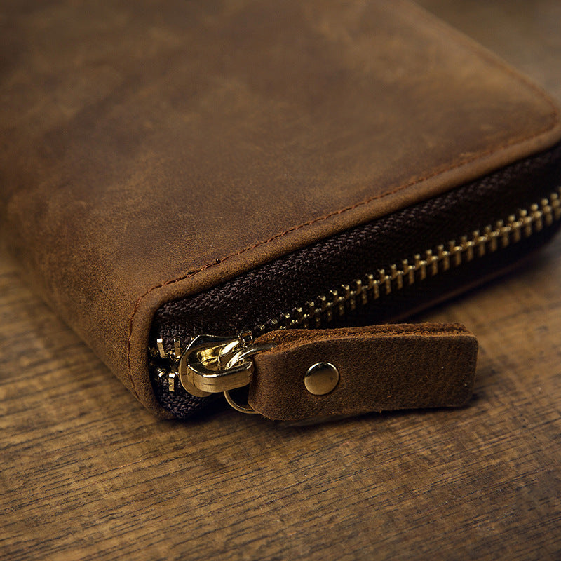 Men's long wallet made of genuine cowhide leather Crazy Horse handmade zipper retro simple casual clutch bag men's wallet mobile phone bag
