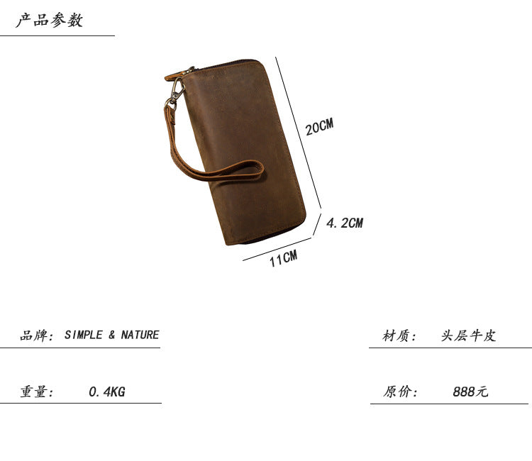Men's long wallet original Crazy Horse cowhide genuine leather double zipper card holder large capacity retro men's clutch bag handbag