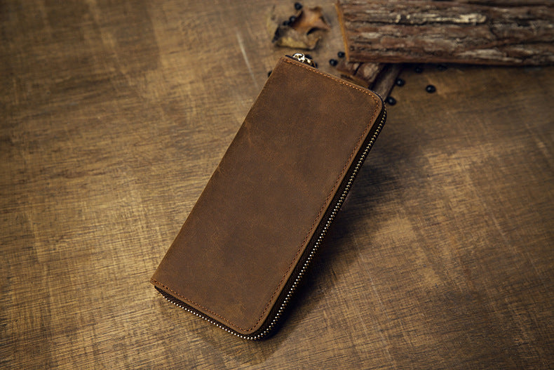 Men's long wallet made of genuine cowhide leather Crazy Horse handmade zipper retro simple casual clutch bag men's wallet mobile phone bag