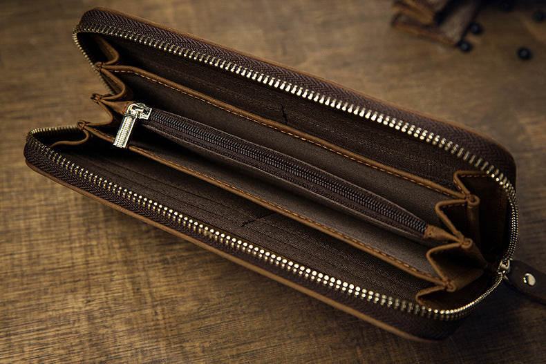 Men's long wallet made of genuine cowhide leather Crazy Horse handmade zipper retro simple casual clutch bag men's wallet mobile phone bag
