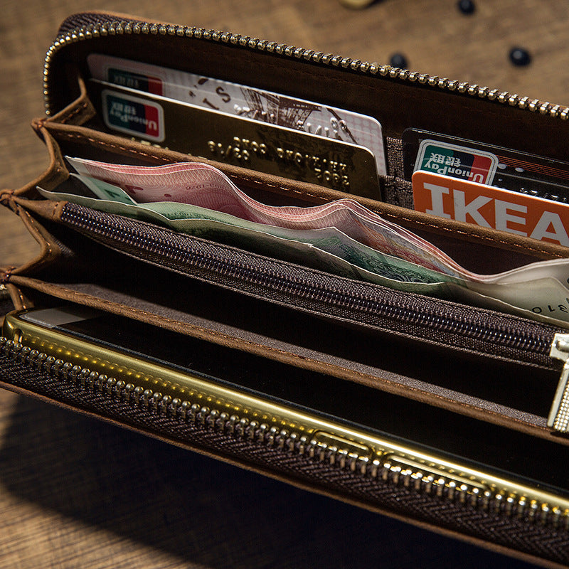 Men's long wallet made of genuine cowhide leather Crazy Horse handmade zipper retro simple casual clutch bag men's wallet mobile phone bag