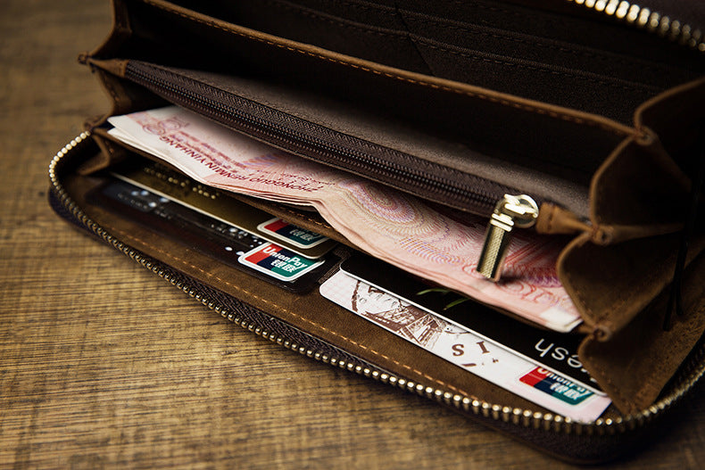 Men's long wallet made of genuine cowhide leather Crazy Horse handmade zipper retro simple casual clutch bag men's wallet mobile phone bag