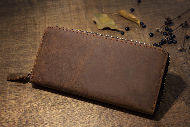 Men's long wallet made of genuine cowhide leather Crazy Horse handmade zipper retro simple casual clutch bag men's wallet mobile phone bag