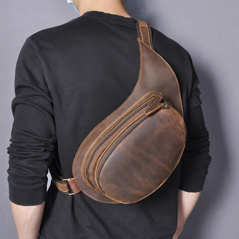 Men's bust bag Genuine cowhide leather retro large capacity crossbody bag for men