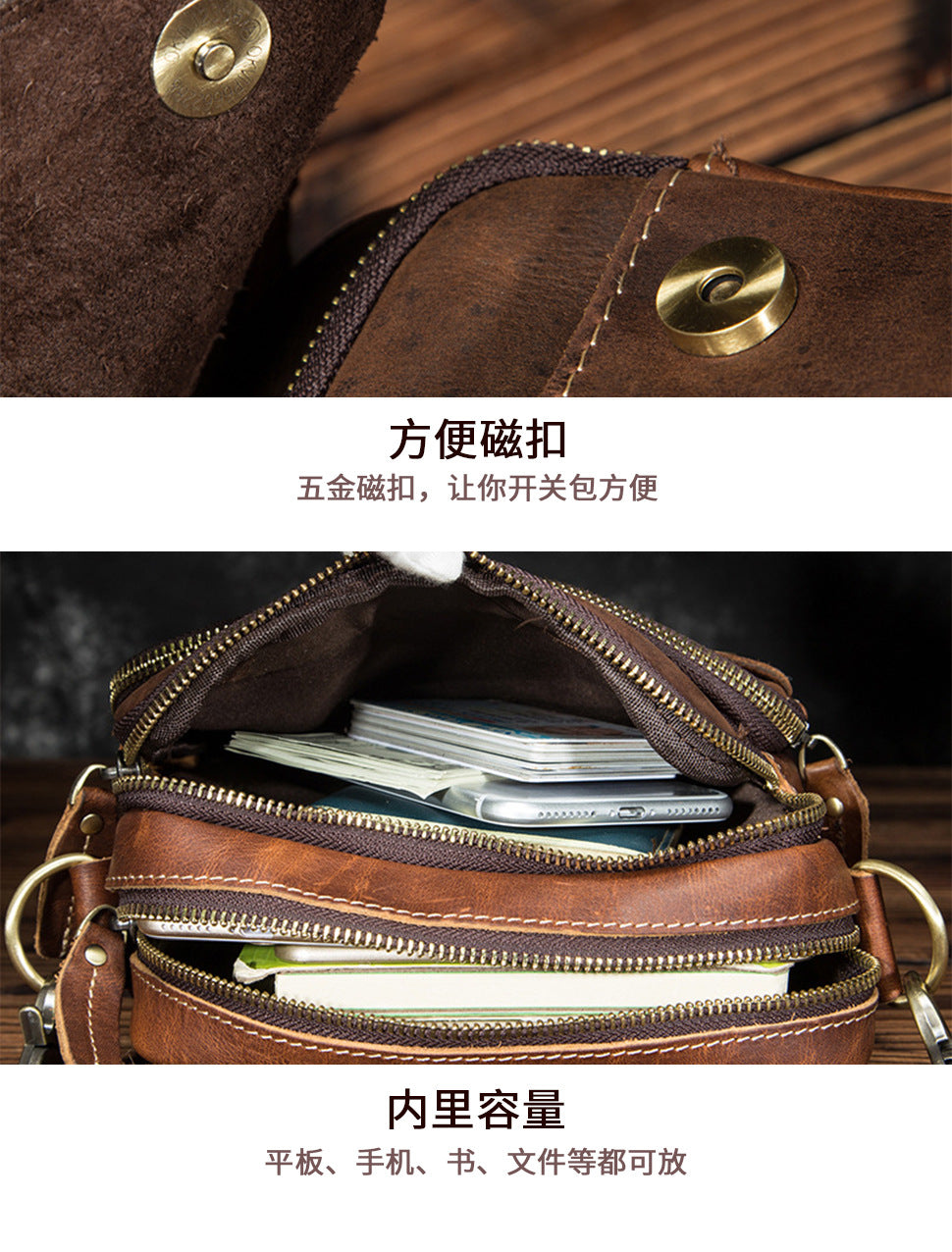 Men's Shoulder Bag Cowhide Genuine Leather Retro Outdoor Travel Crossbody Bag for Men