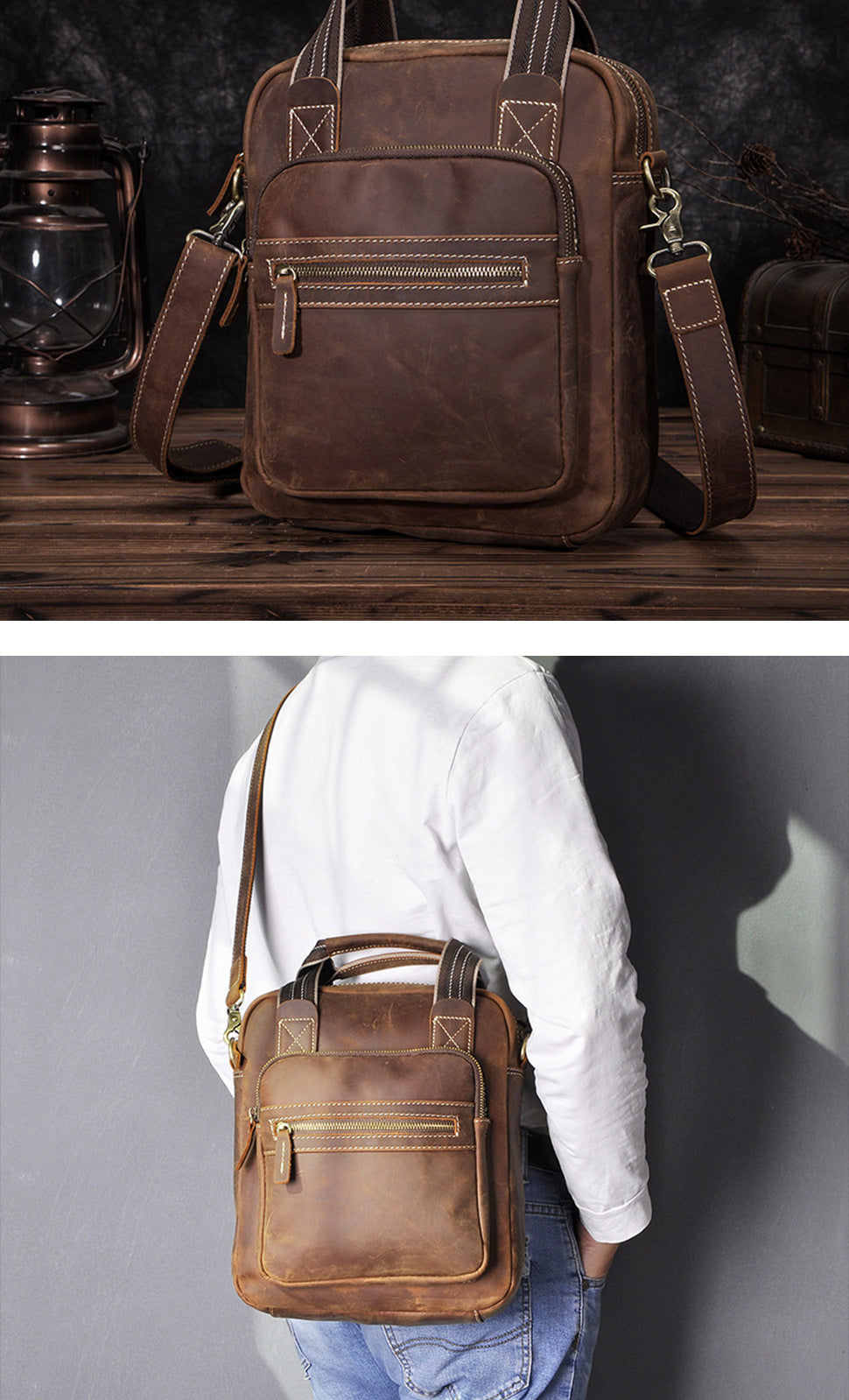 Men's Shoulder Bag Genuine Cowhide Leather Retro Men's Crossbody Bag
