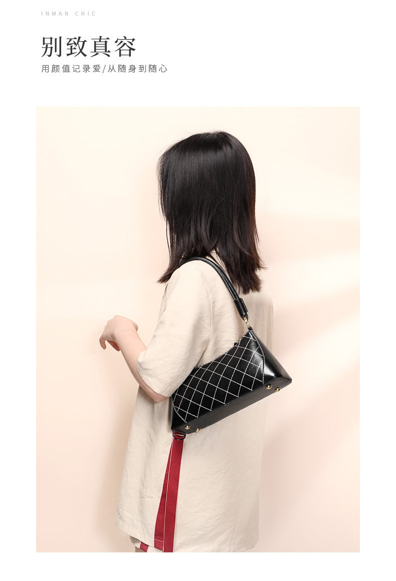 Women's bag Genuine leather fashion plaid armpit bag Temperament shoulder bag that goes with anything. Pochette