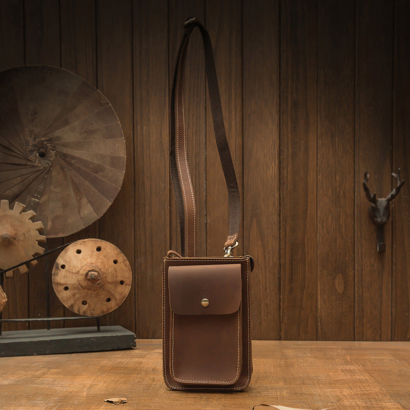 Men's Shoulder Bag Handmade Genuine Cowhide Leather Crazy Horse Men's Crossbody Bag Smartphone Pouch Waist Pouch