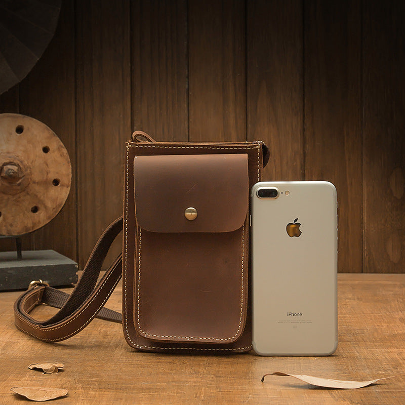 Men's Shoulder Bag Handmade Genuine Cowhide Leather Crazy Horse Men's Crossbody Bag Smartphone Pouch Waist Pouch