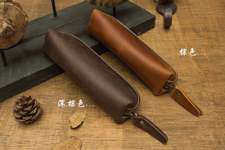 Pen case handmade cowhide genuine leather unisex retro unique zipper