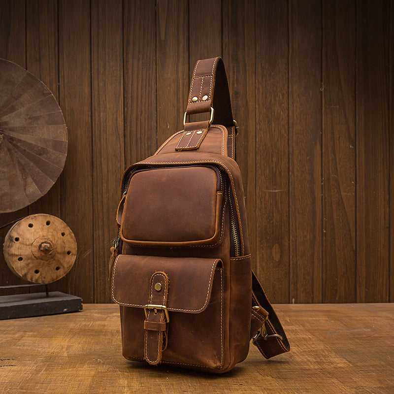 Men's Bust Bag Handmade Genuine Cowhide Leather Crazy Horse Retro Fashion Casual Crossbody Bag Shoulder Bag