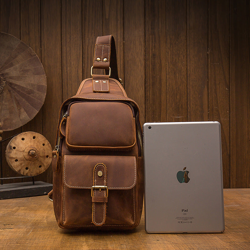 Men's Bust Bag Handmade Genuine Cowhide Leather Crazy Horse Retro Fashion Casual Crossbody Bag Shoulder Bag