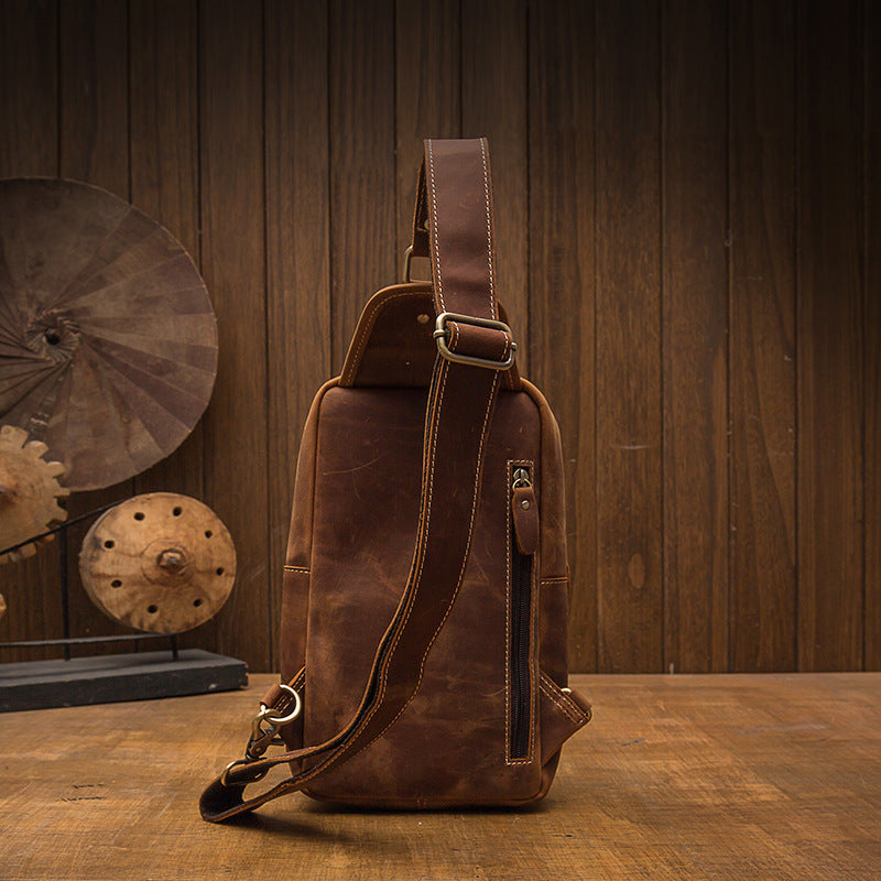 Men's Bust Bag Handmade Genuine Cowhide Leather Crazy Horse Retro Fashion Casual Crossbody Bag Shoulder Bag