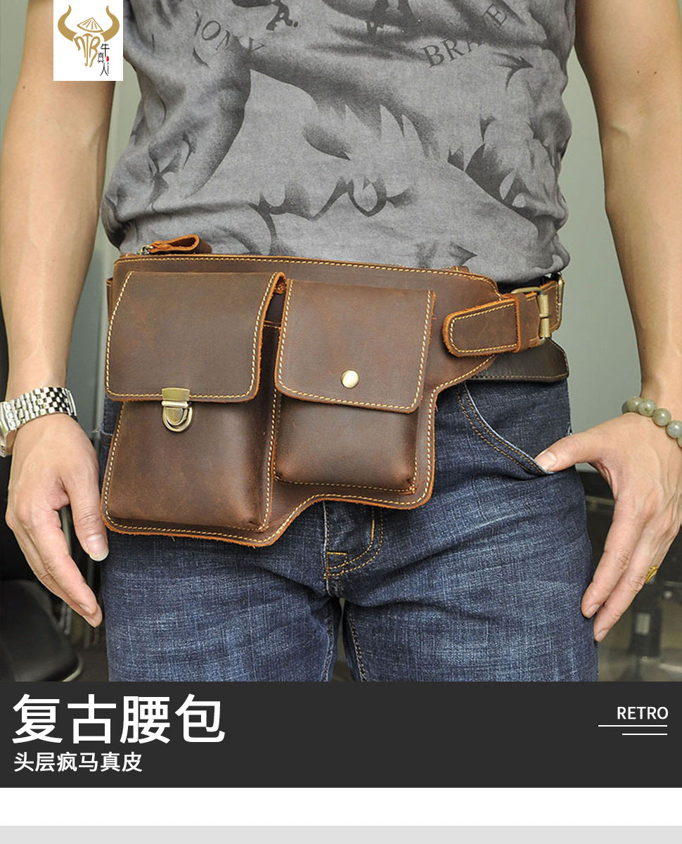 Men's Waist Pouch Cowhide Genuine Leather Outdoor Fashion Bust Bag for Men