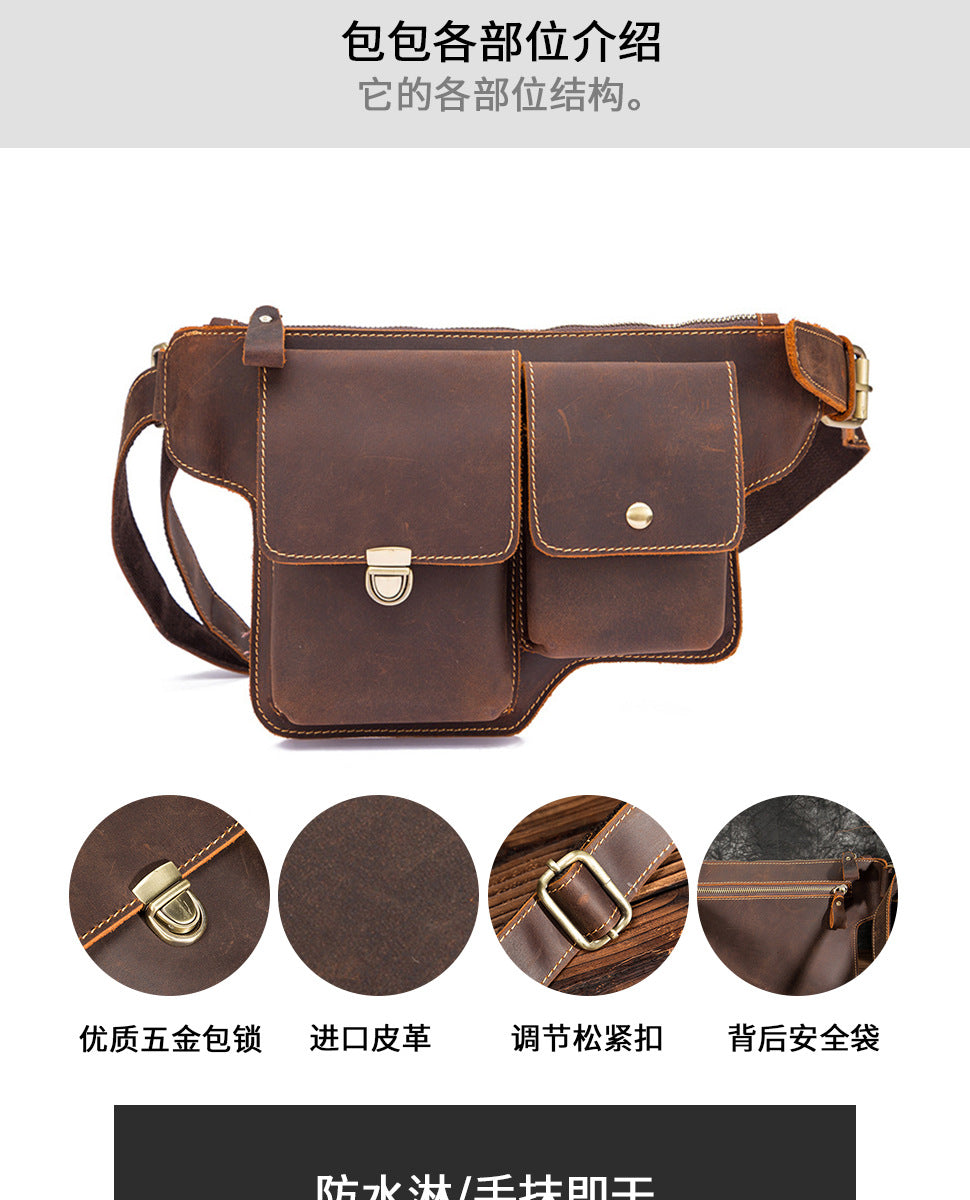 Men's Waist Pouch Cowhide Genuine Leather Outdoor Fashion Bust Bag for Men