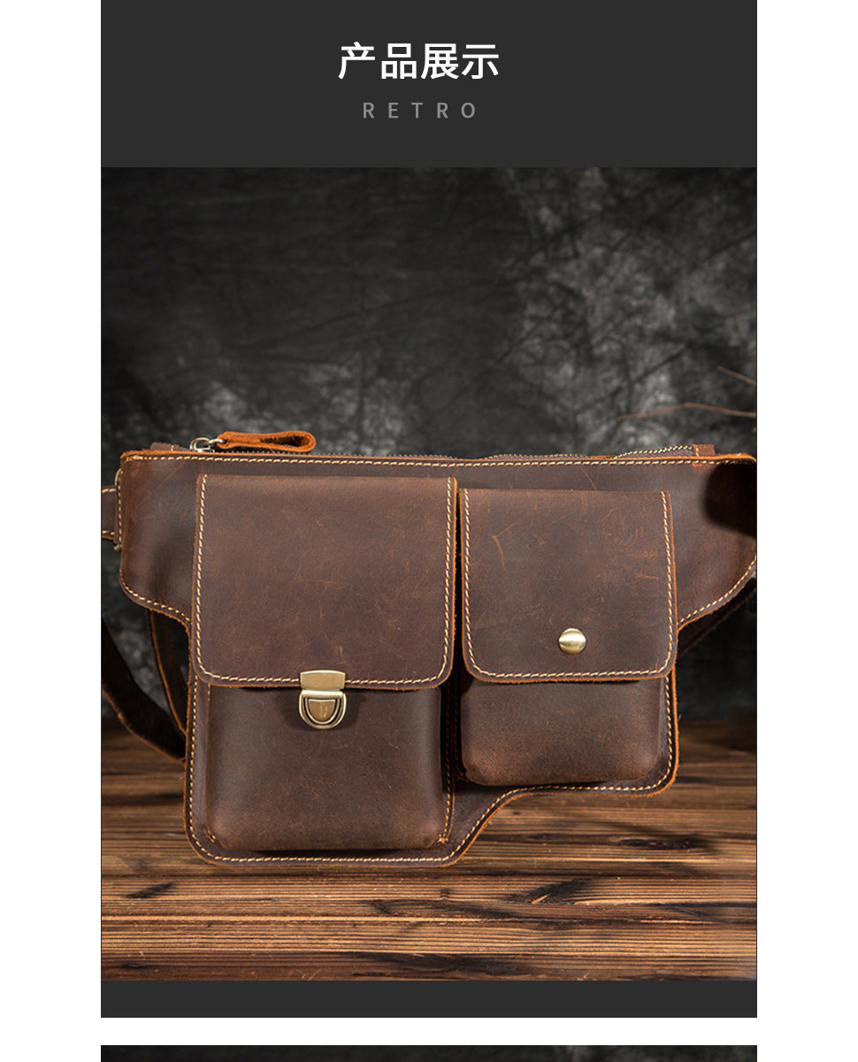 Men's Waist Pouch Cowhide Genuine Leather Outdoor Fashion Bust Bag for Men
