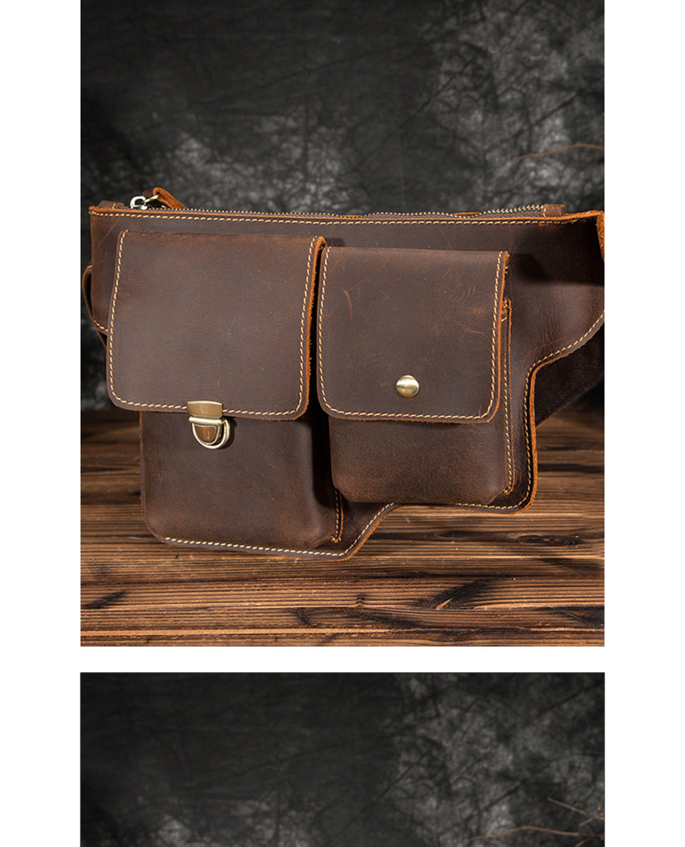 Men's Waist Pouch Cowhide Genuine Leather Outdoor Fashion Bust Bag for Men