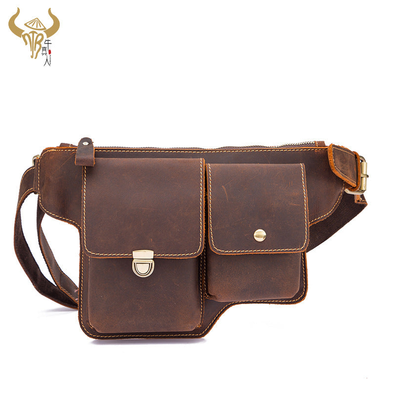 Men's Waist Pouch Cowhide Genuine Leather Outdoor Fashion Bust Bag for Men