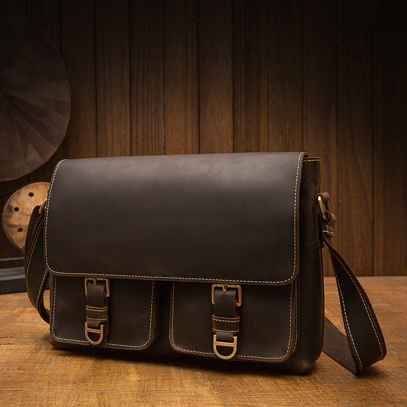 Men's Shoulder Bag Handmade Genuine Cowhide Leather Crazy Horse Retro Crossbody Bag Messenger Bag