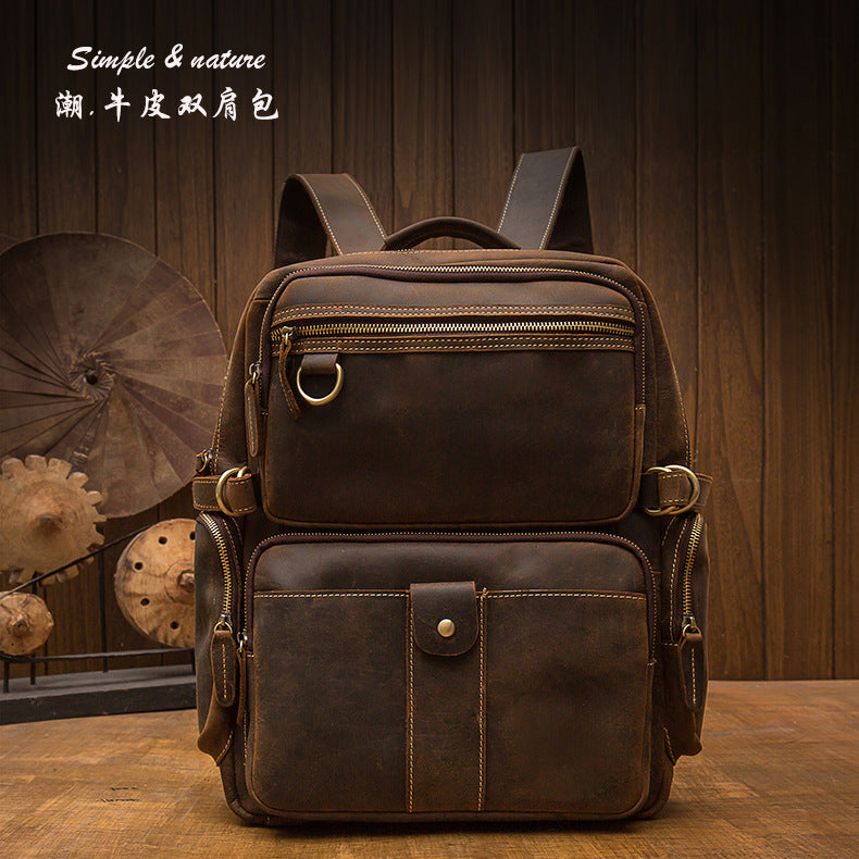 2023 New Men's Backpack Cowhide Genuine Leather Crazy Horse Retro Fashion Unique Men's Travel Bag