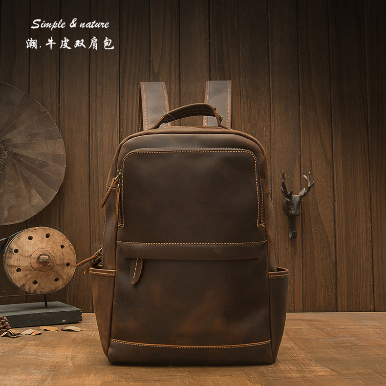 Men's backpack original handmade cowhide genuine leather Crazy Horse retro casual business computer bag