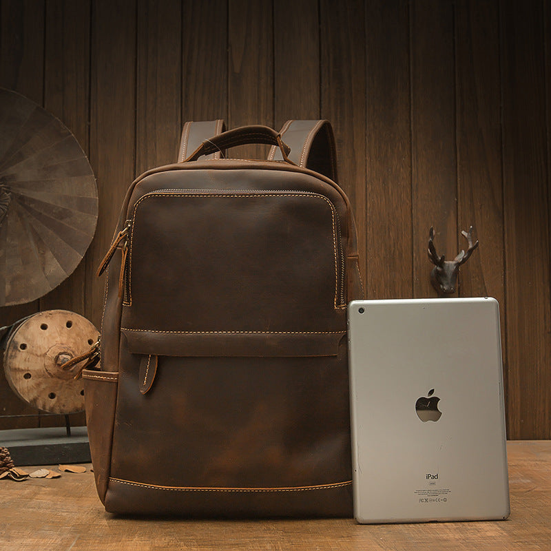 Men's backpack original handmade cowhide genuine leather Crazy Horse retro casual business computer bag