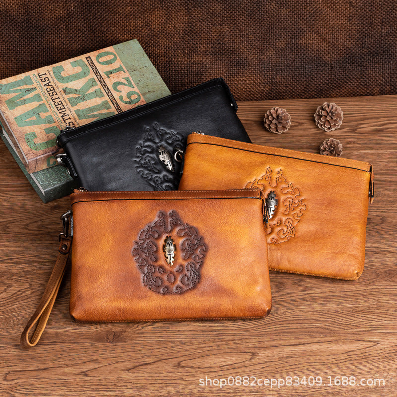 Men's Clutch Bag Genuine Cowhide Leather Retro Unique Fashion Casual Men's Handbag