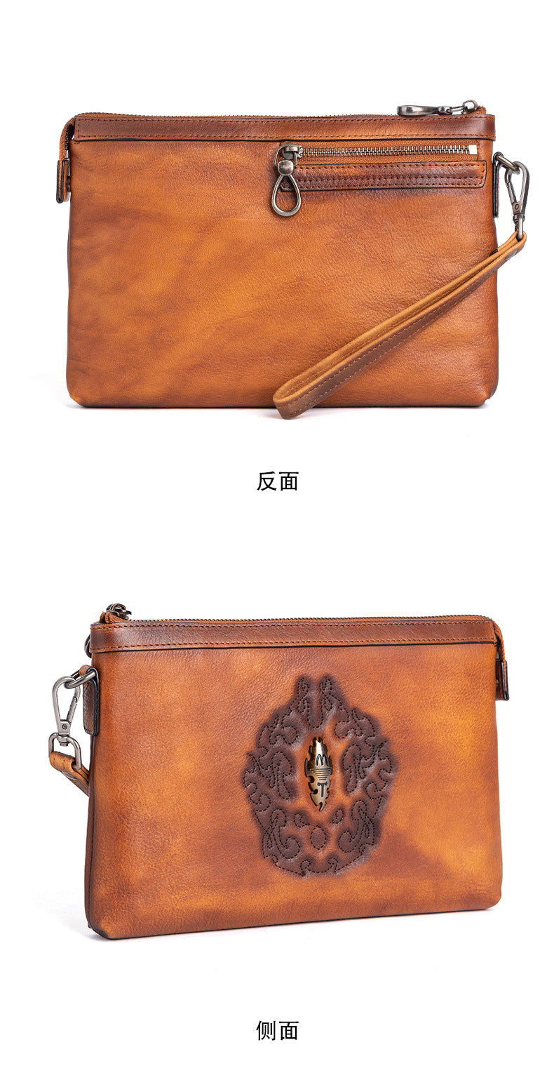 Men's Clutch Bag Genuine Cowhide Leather Retro Unique Fashion Casual Men's Handbag
