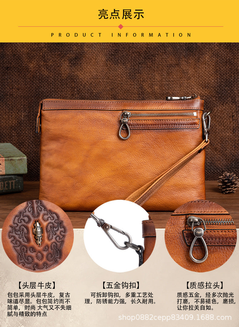 Men's Clutch Bag Genuine Cowhide Leather Retro Unique Fashion Casual Men's Handbag