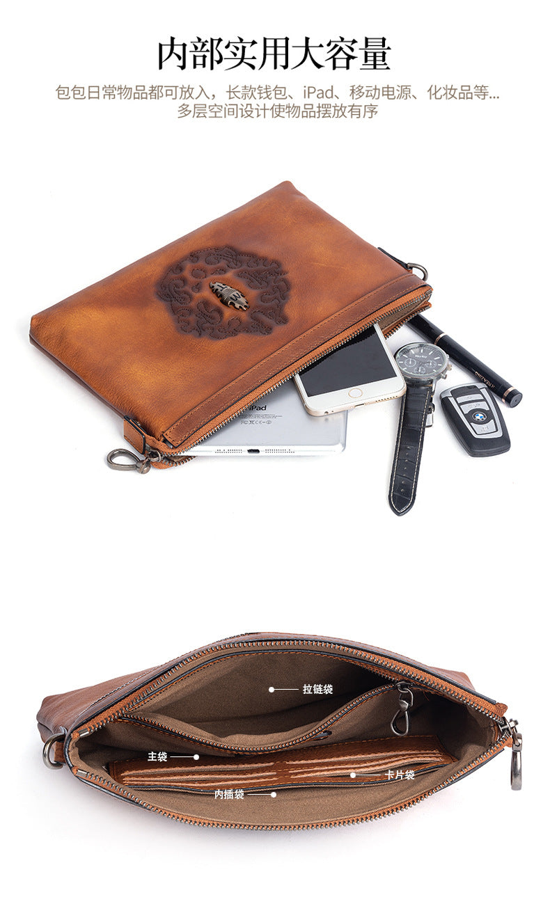Men's Clutch Bag Genuine Cowhide Leather Retro Unique Fashion Casual Men's Handbag