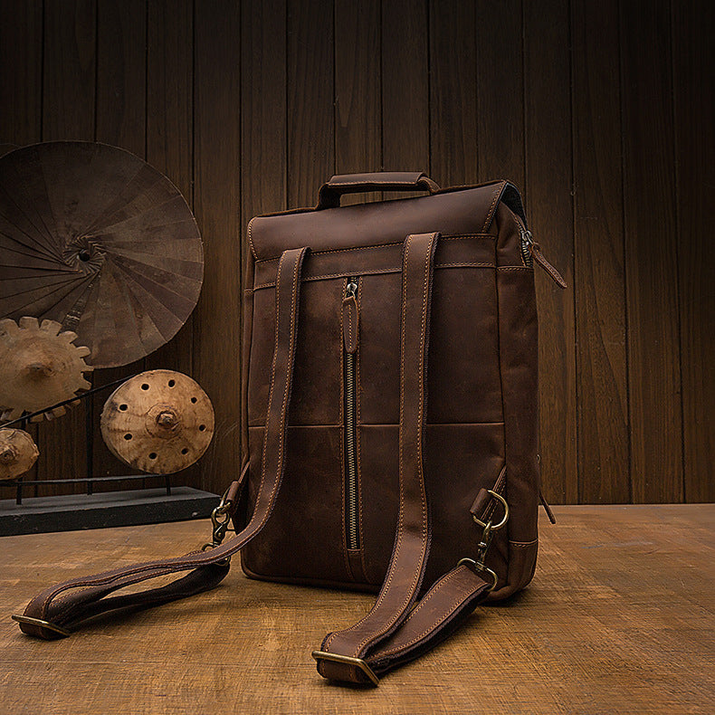 Men's backpack genuine cowhide leather handmade retro casual fashion computer bag