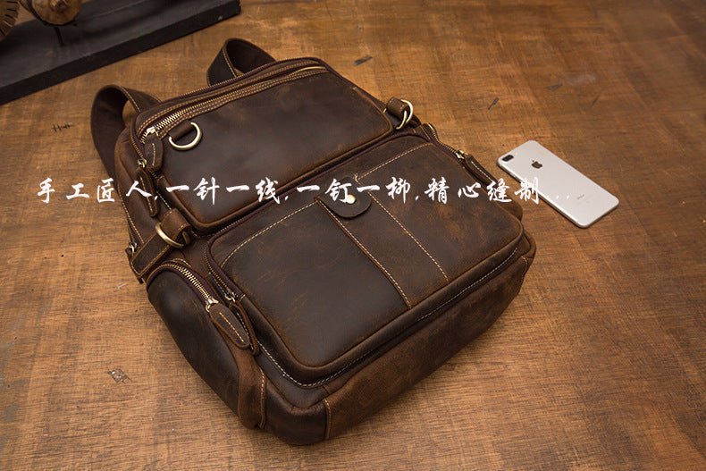 2023 New Men's Backpack Cowhide Genuine Leather Crazy Horse Retro Fashion Unique Men's Travel Bag