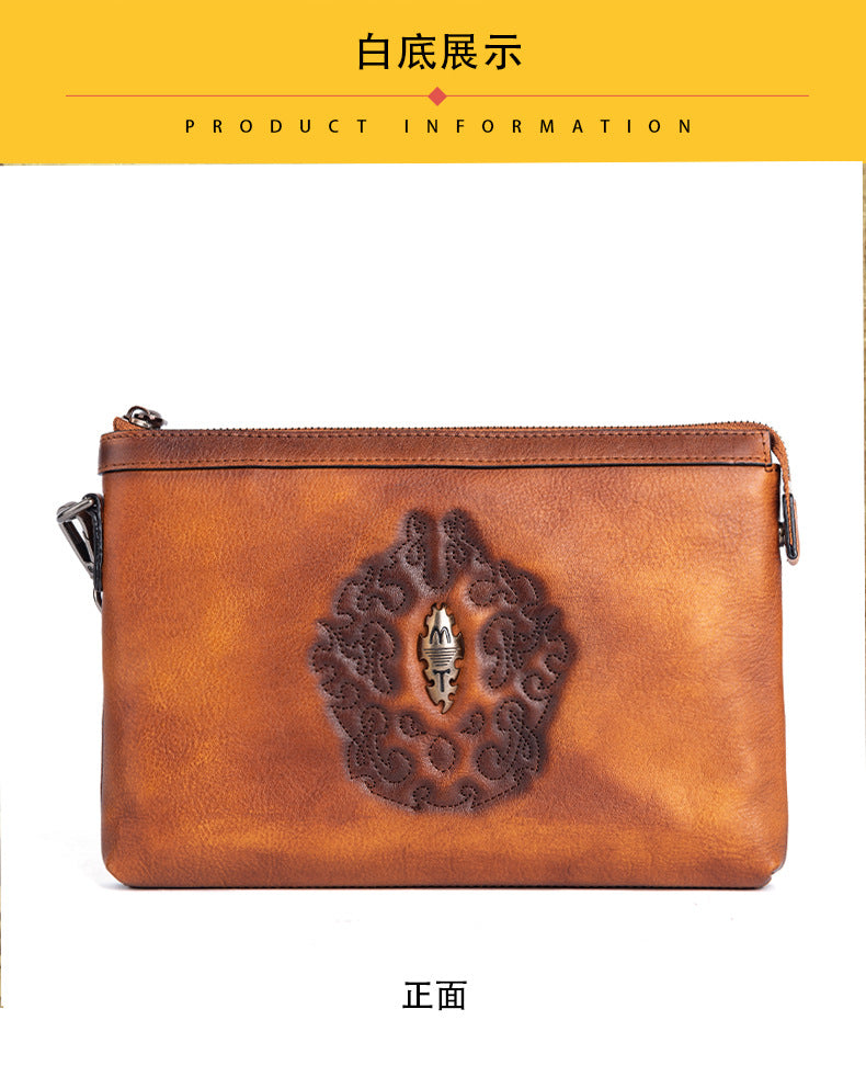 Men's Clutch Bag Genuine Cowhide Leather Retro Unique Fashion Casual Men's Handbag