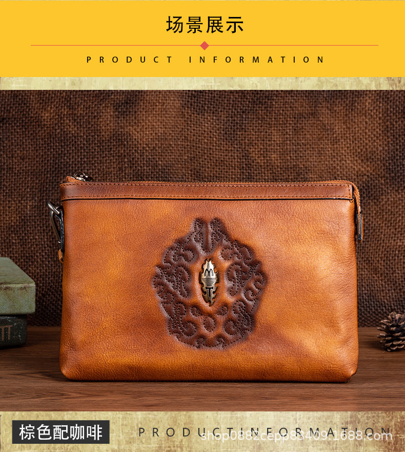 Men's Clutch Bag Genuine Cowhide Leather Retro Unique Fashion Casual Men's Handbag