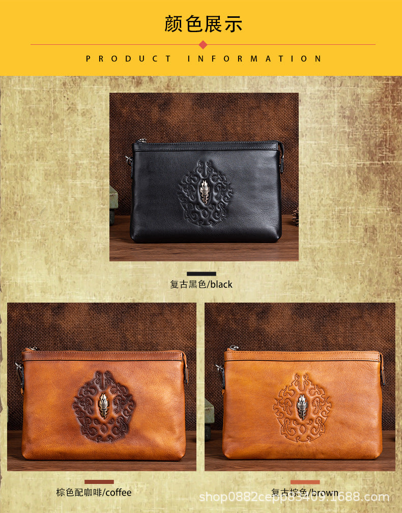 Men's Clutch Bag Genuine Cowhide Leather Retro Unique Fashion Casual Men's Handbag