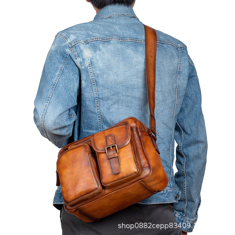 Men's Shoulder Bag Genuine Cowhide Leather Casual Manually Colored Men's Crossbody Bag