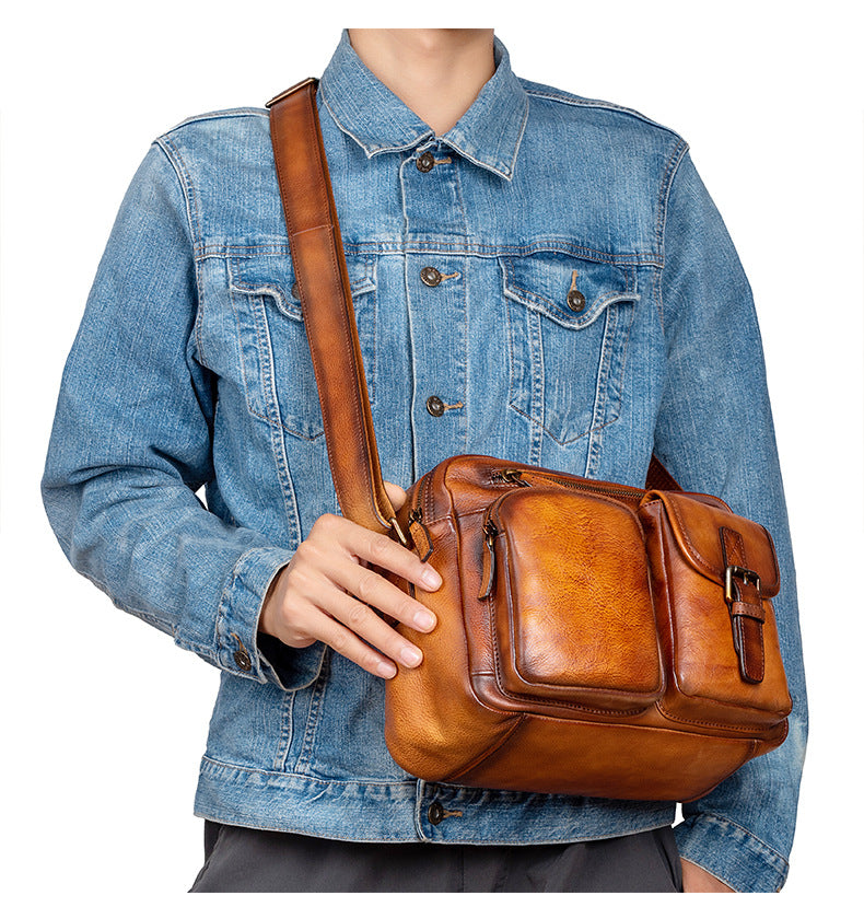 Men's Shoulder Bag Genuine Cowhide Leather Casual Manually Colored Men's Crossbody Bag