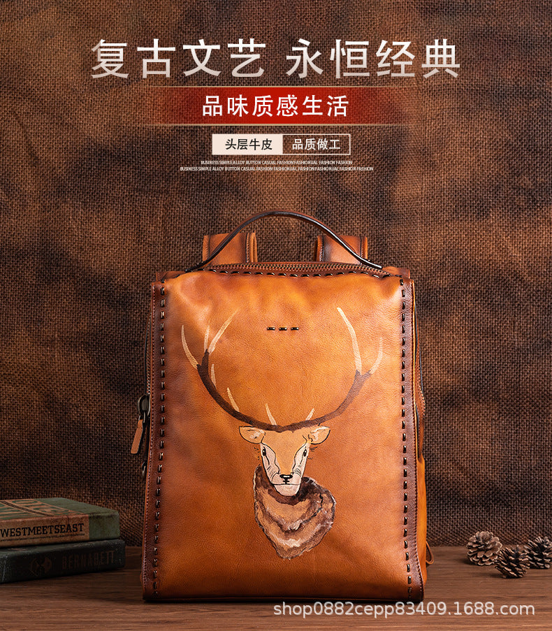 Men's backpack cowhide genuine leather unique fashion travel bag