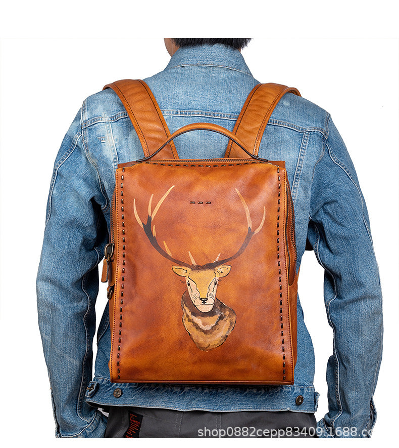 Men's backpack cowhide genuine leather unique fashion travel bag