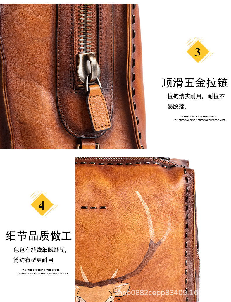 Men's backpack cowhide genuine leather unique fashion travel bag