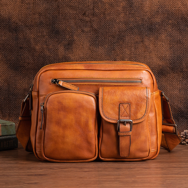 Men's Shoulder Bag Genuine Cowhide Leather Casual Manually Colored Men's Crossbody Bag