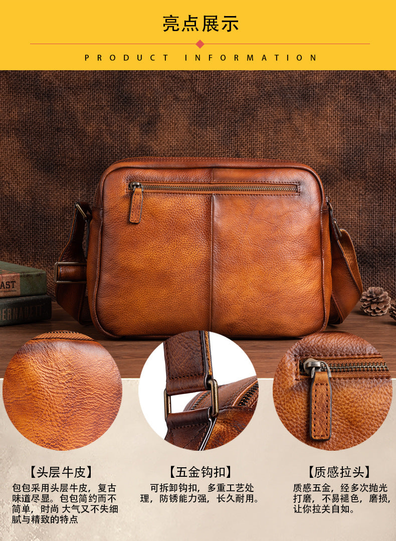 Men's Shoulder Bag Genuine Cowhide Leather Casual Manually Colored Men's Crossbody Bag