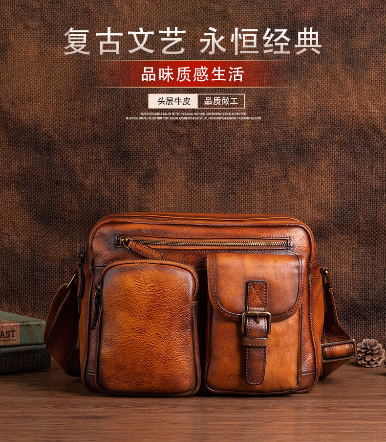 Men's Shoulder Bag Genuine Cowhide Leather Casual Manually Colored Men's Crossbody Bag