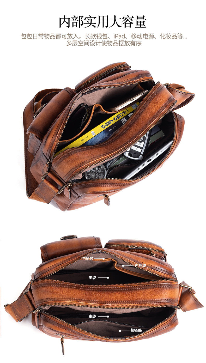 Men's Shoulder Bag Genuine Cowhide Leather Casual Manually Colored Men's Crossbody Bag