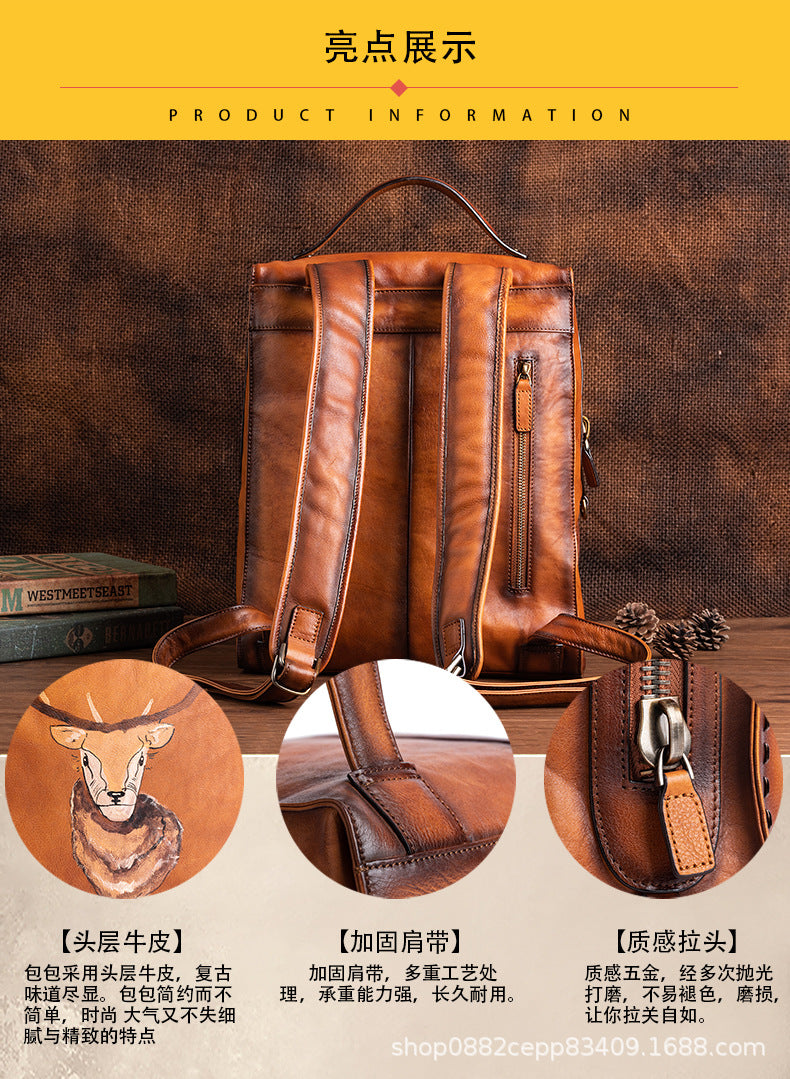 Men's backpack cowhide genuine leather unique fashion travel bag