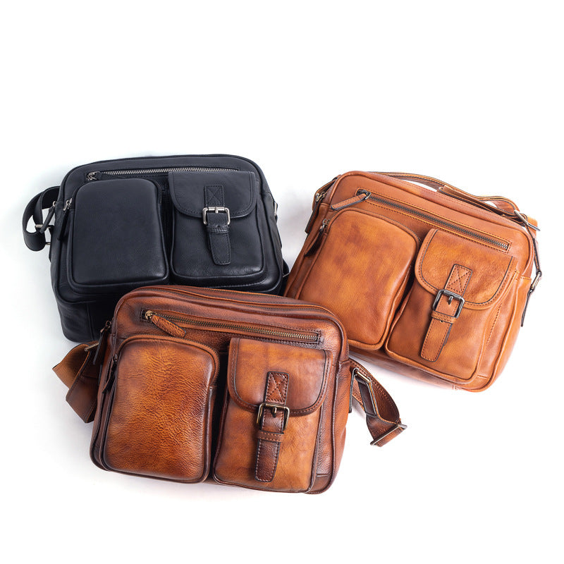 Men's Shoulder Bag Genuine Cowhide Leather Casual Manually Colored Men's Crossbody Bag