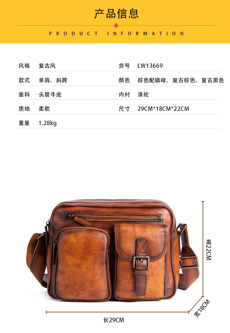 Men's Shoulder Bag Genuine Cowhide Leather Casual Manually Colored Men's Crossbody Bag