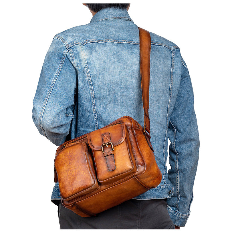 Men's Shoulder Bag Genuine Cowhide Leather Casual Manually Colored Men's Crossbody Bag