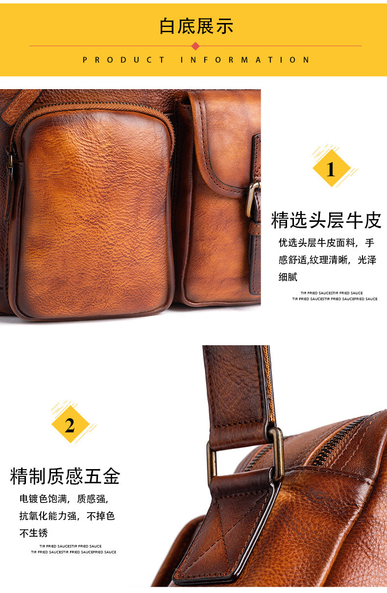 Men's Shoulder Bag Genuine Cowhide Leather Casual Manually Colored Men's Crossbody Bag